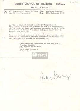 Carta de Mercedes Saitzew a CAREF y todas las oficinas de reasentamiento del Consejo Mundial de I...