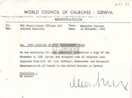 Memorándum de Mercedes Saitzew a todas las oficinas de reasentamiento del Consejo Mundial de Igle...